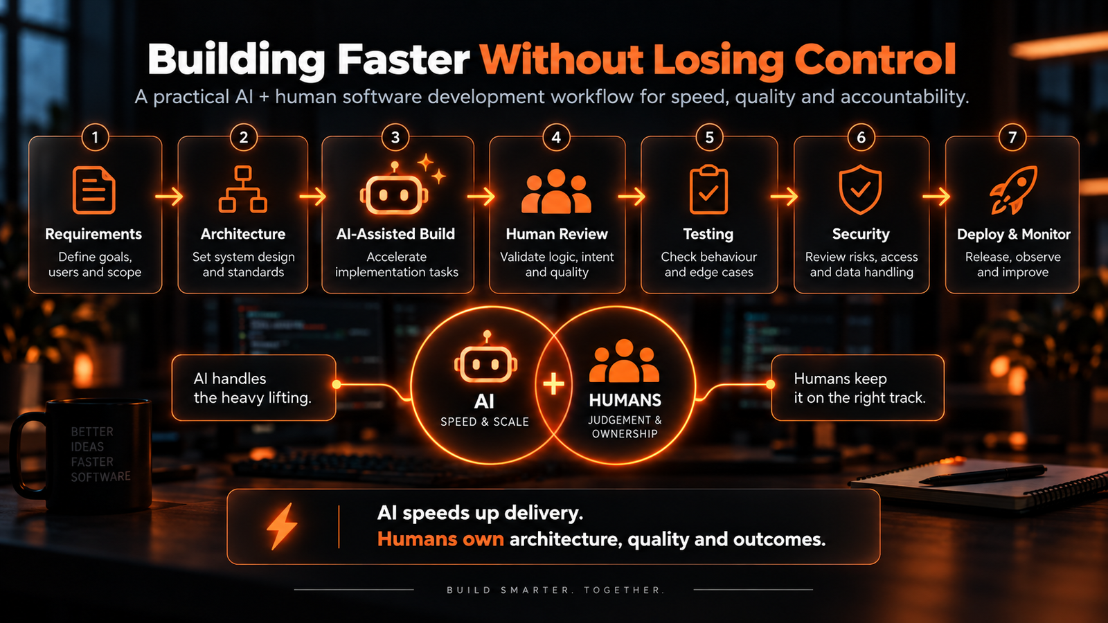 AI and human software development workflow for faster builds with quality control