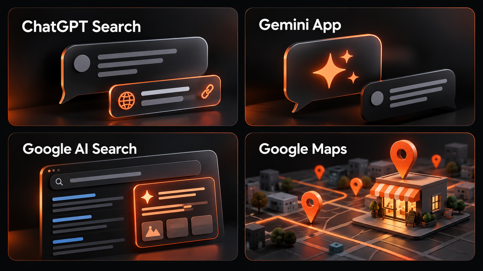 Four panels comparing ChatGPT Search, Gemini App, Google AI Search, and Google Maps for local business discovery