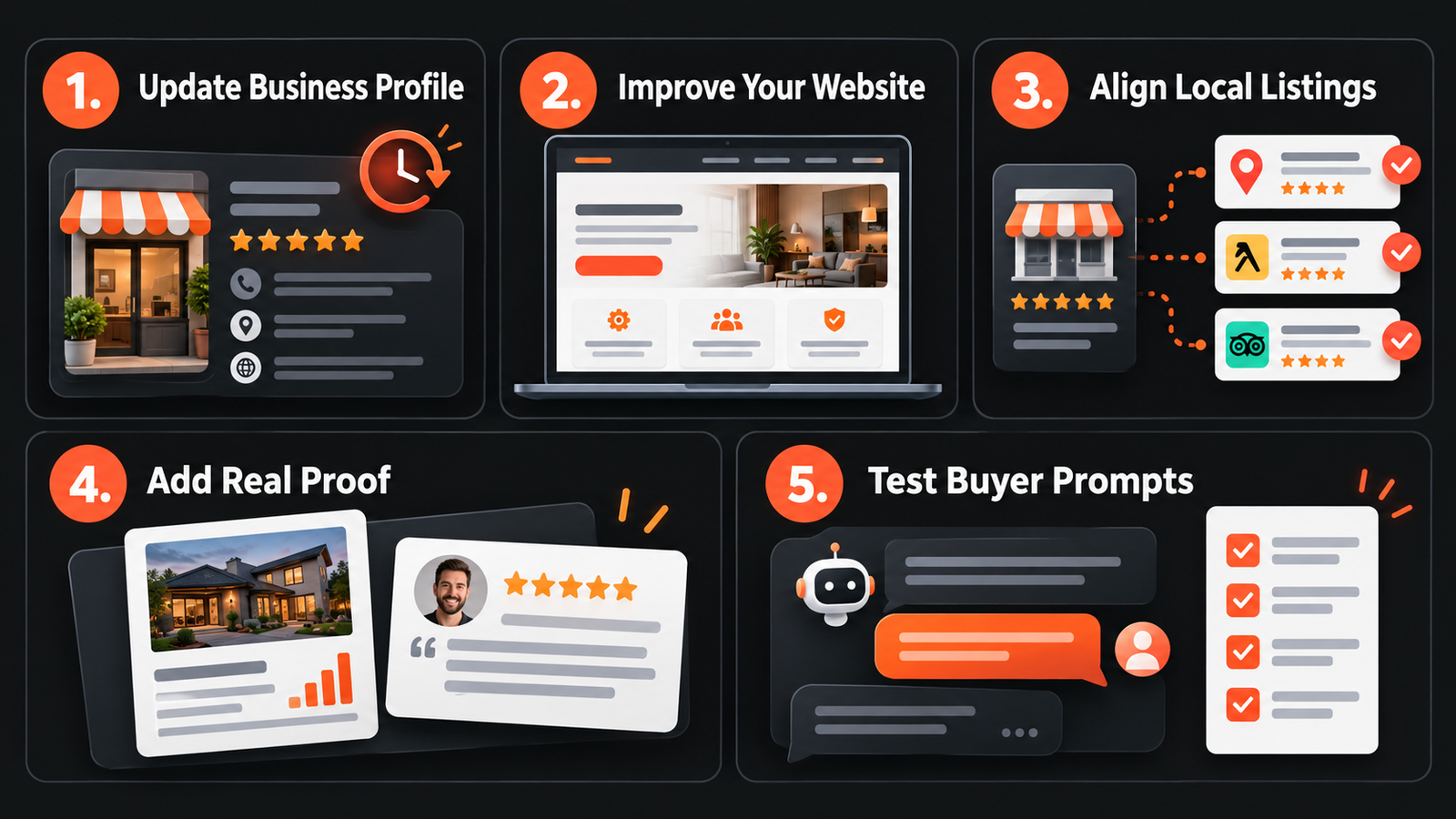 Five steps for local AI visibility: update the business profile, improve the website, align local listings, add real proof, and test buyer prompts