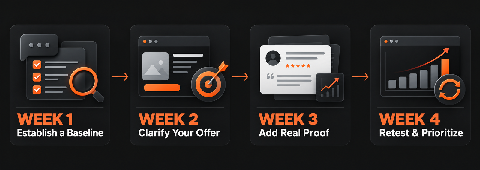 Four-week plan to improve brand visibility in AI recommendations: establish a baseline, clarify the offer, add proof, and retest