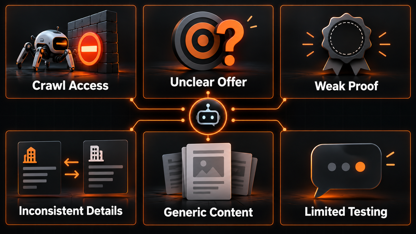Six reasons a brand may be missing from AI recommendations: crawl access, unclear offer, weak proof, inconsistent details, generic content, and limited testing