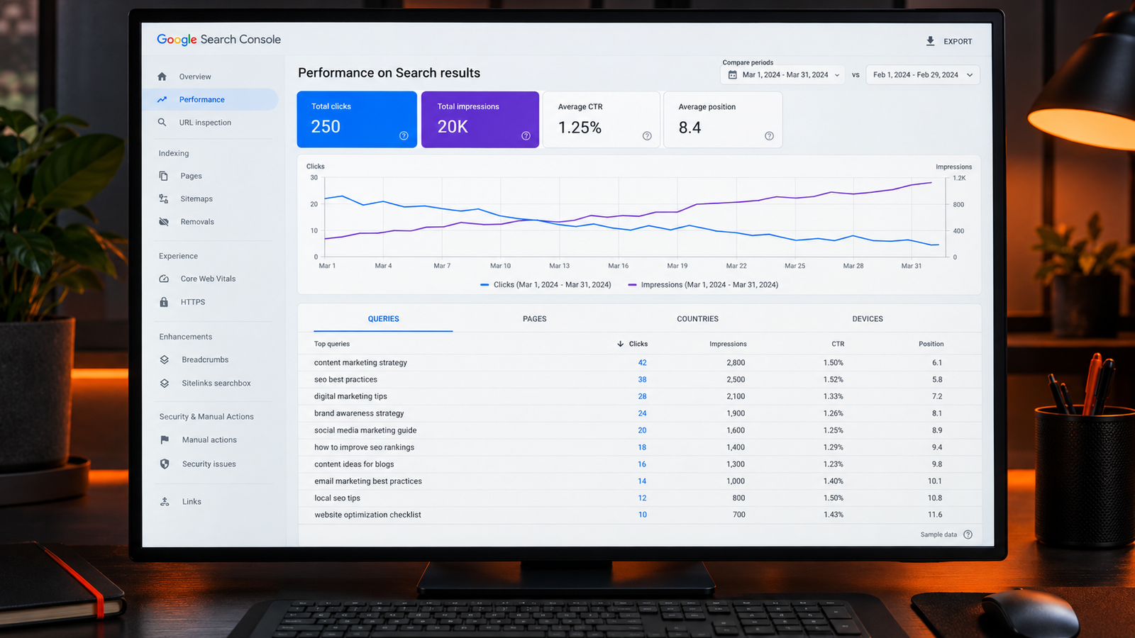 Google Search Console dashboard mockup showing rising impressions, falling clicks, and a query performance table with sample data